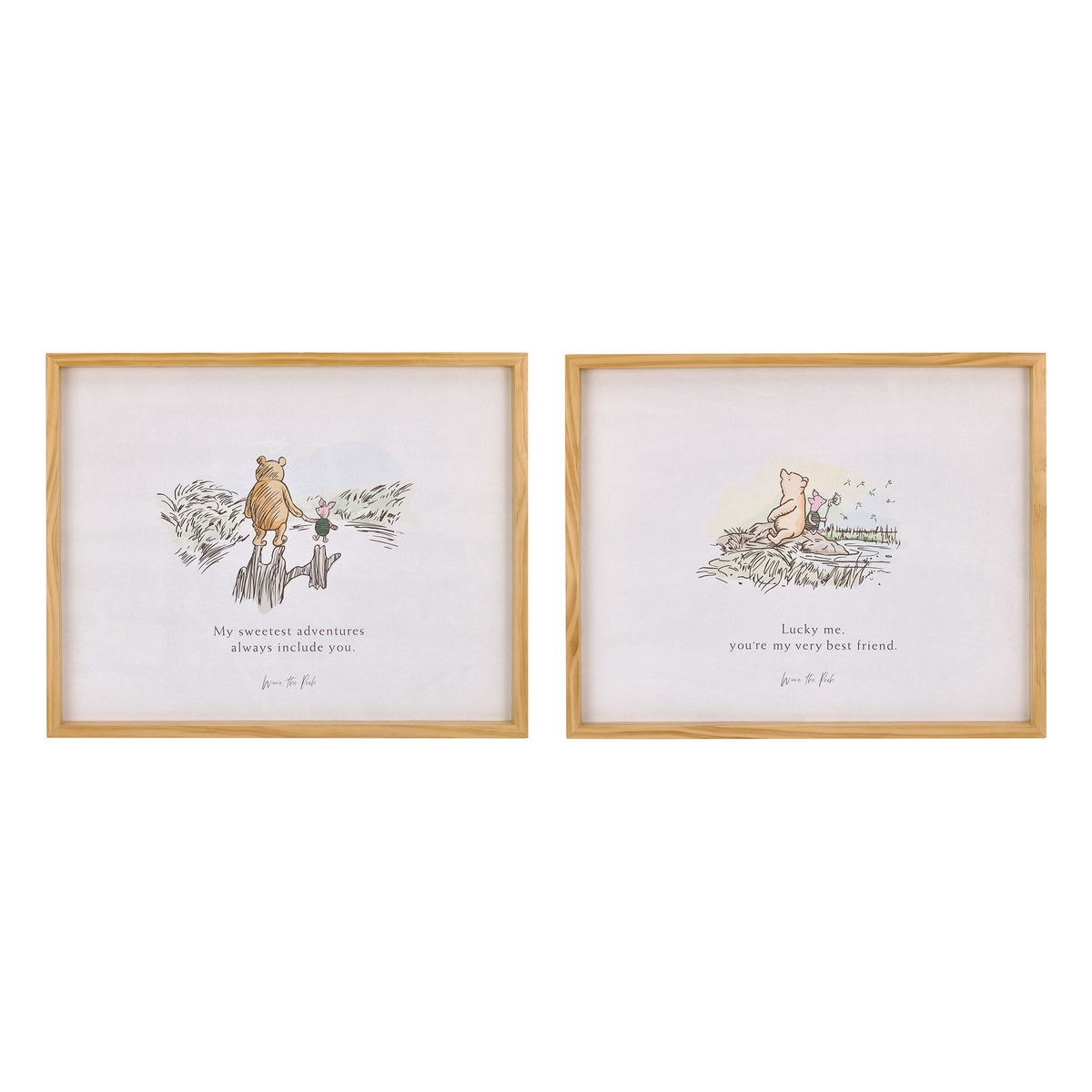 Winnie the Pooh - Classic Pooh "Lucky Me, You're My Very Best Friend" with Piglet Natural Pine Wood Framed Art Canvas Wall DÃ©cor