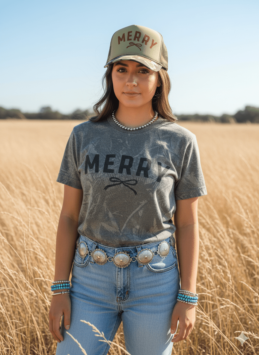 Tree Camo Merry Christmas Black Bow Graphic Tee