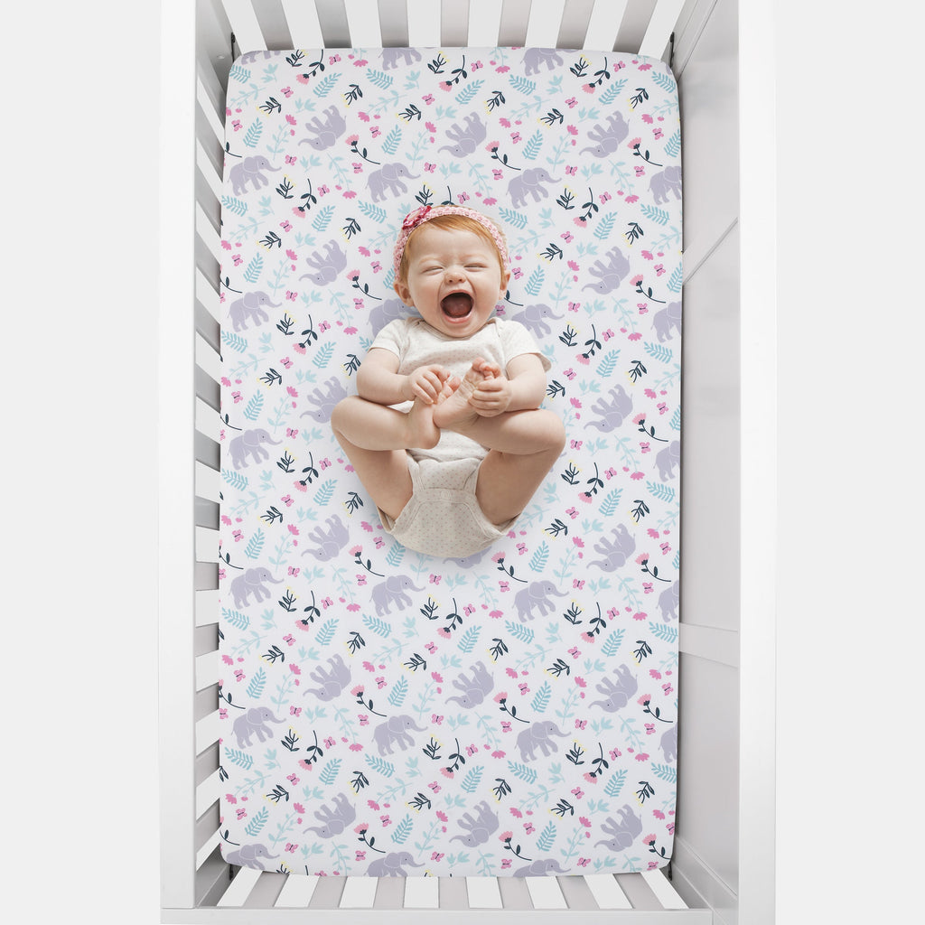 Floral Elephant White Multi Colored Super Soft Fitted Crib Sheet
