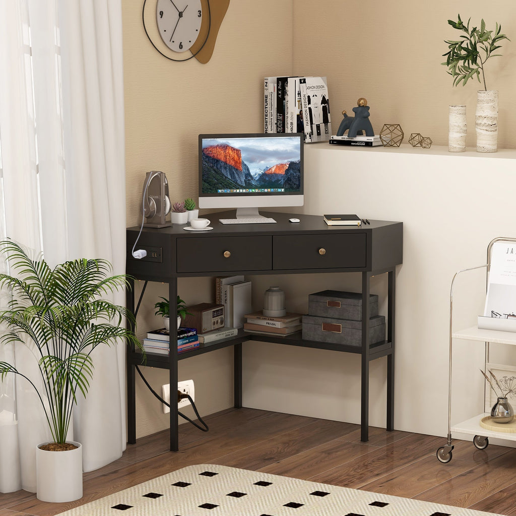 Triangle Corner Desk with Charging Station with 2 Drawers and Storage Shelf