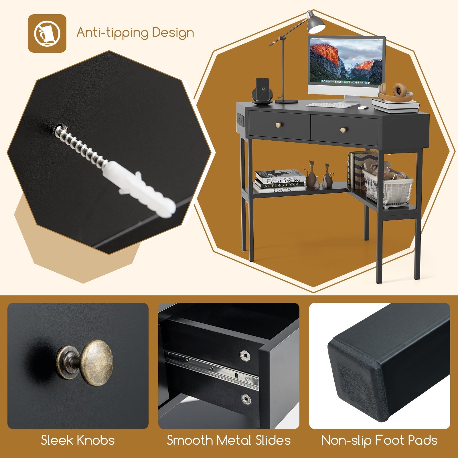 Triangle Corner Desk with Charging Station with 2 Drawers and Storage Shelf
