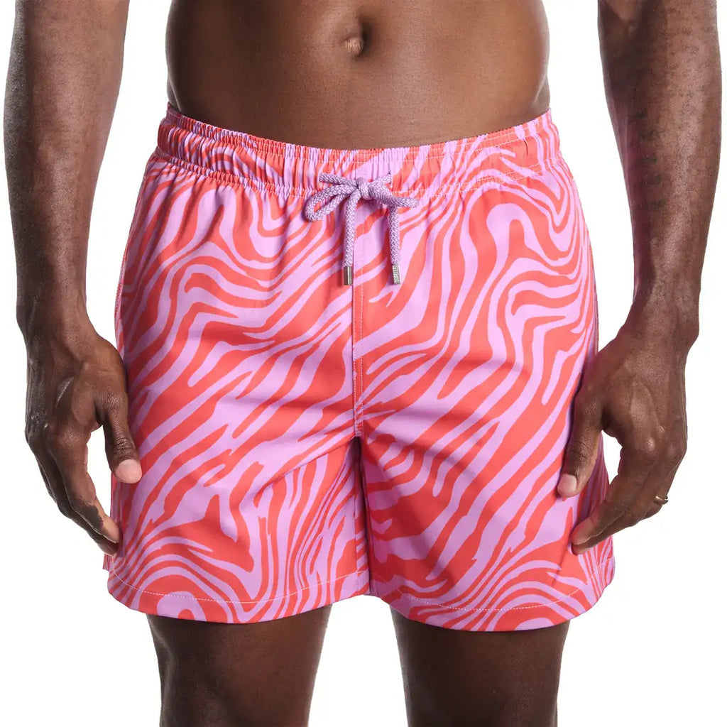 Tropical Swirl, Coral and Orchid Hybrid Short, Compression Lined Swim and Resort Trunk
