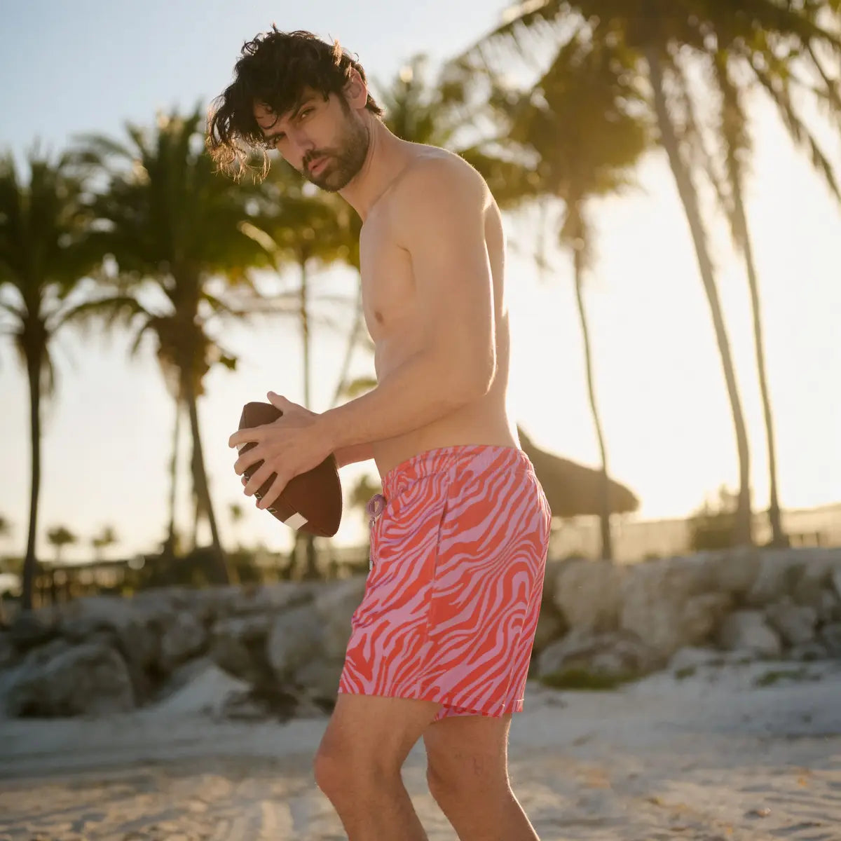Tropical Swirl, Coral and Orchid Hybrid Short, Compression Lined Swim and Resort Trunk
