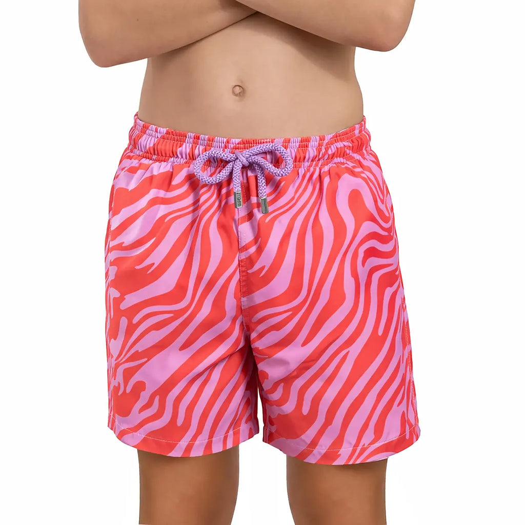 Tropical Swirl, Coral and Orchid Boys Hybrid Short, Swim and Play Trunk