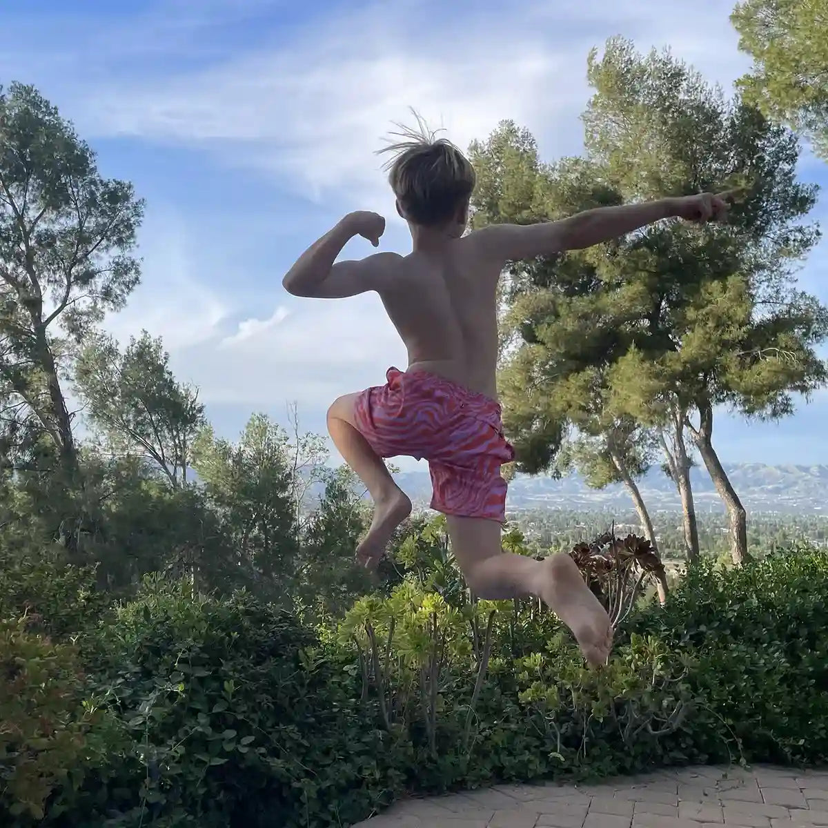 Tropical Swirl, Coral and Orchid Boys Hybrid Short, Swim and Play Trunk