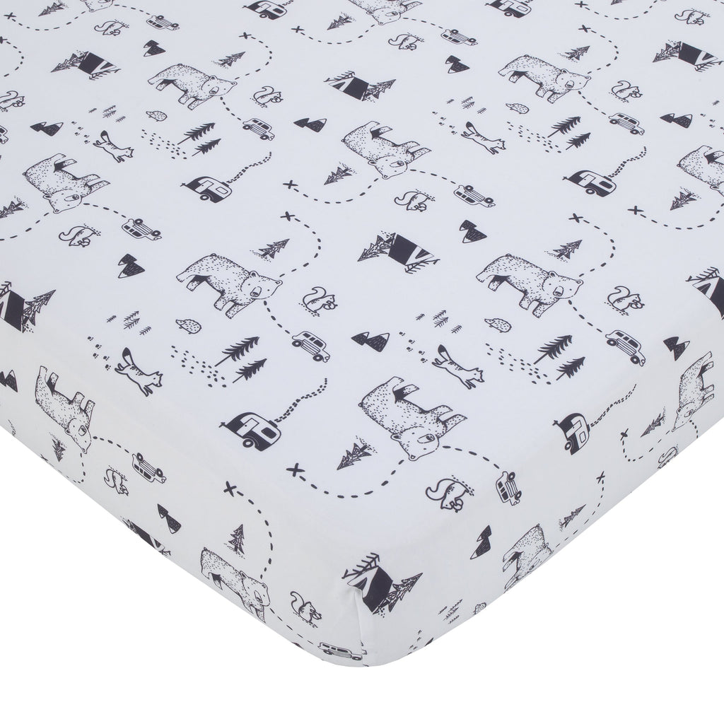 Woodland Friends Gray Multi Colored Bear and Fox, Squirrel, Tree, Tent, and Campfire 3 Piece Nursery Crib Bedding Set - Comforter, Fitted Crib Sheet, and Crib Skirt