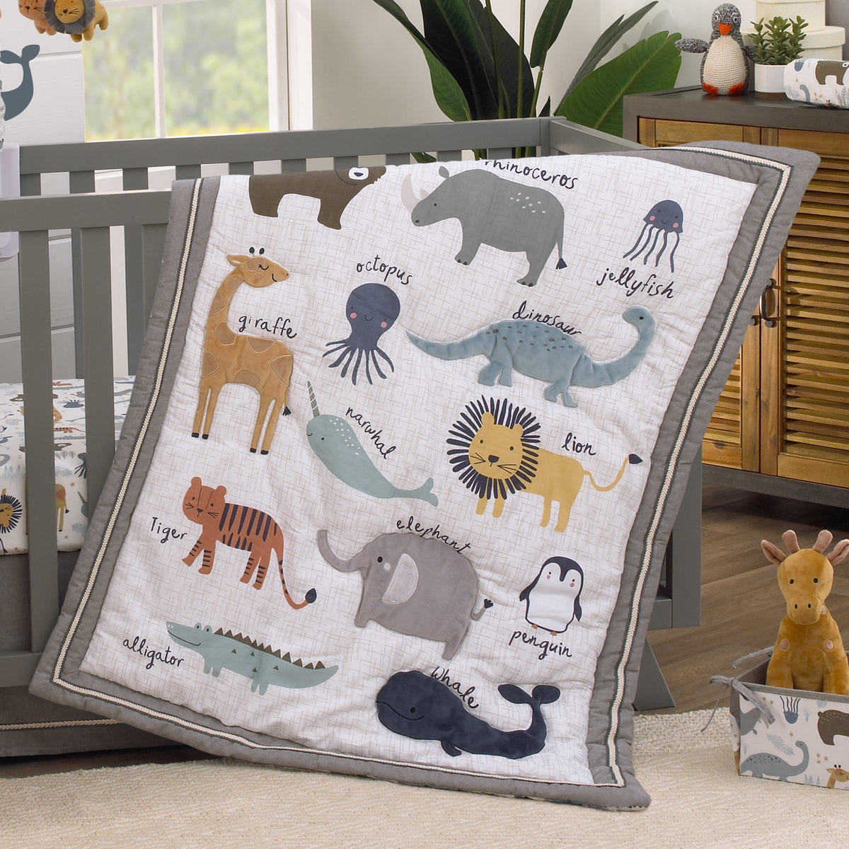 Zoo Animals White and Gray 4 Pc Crib Bedding Set