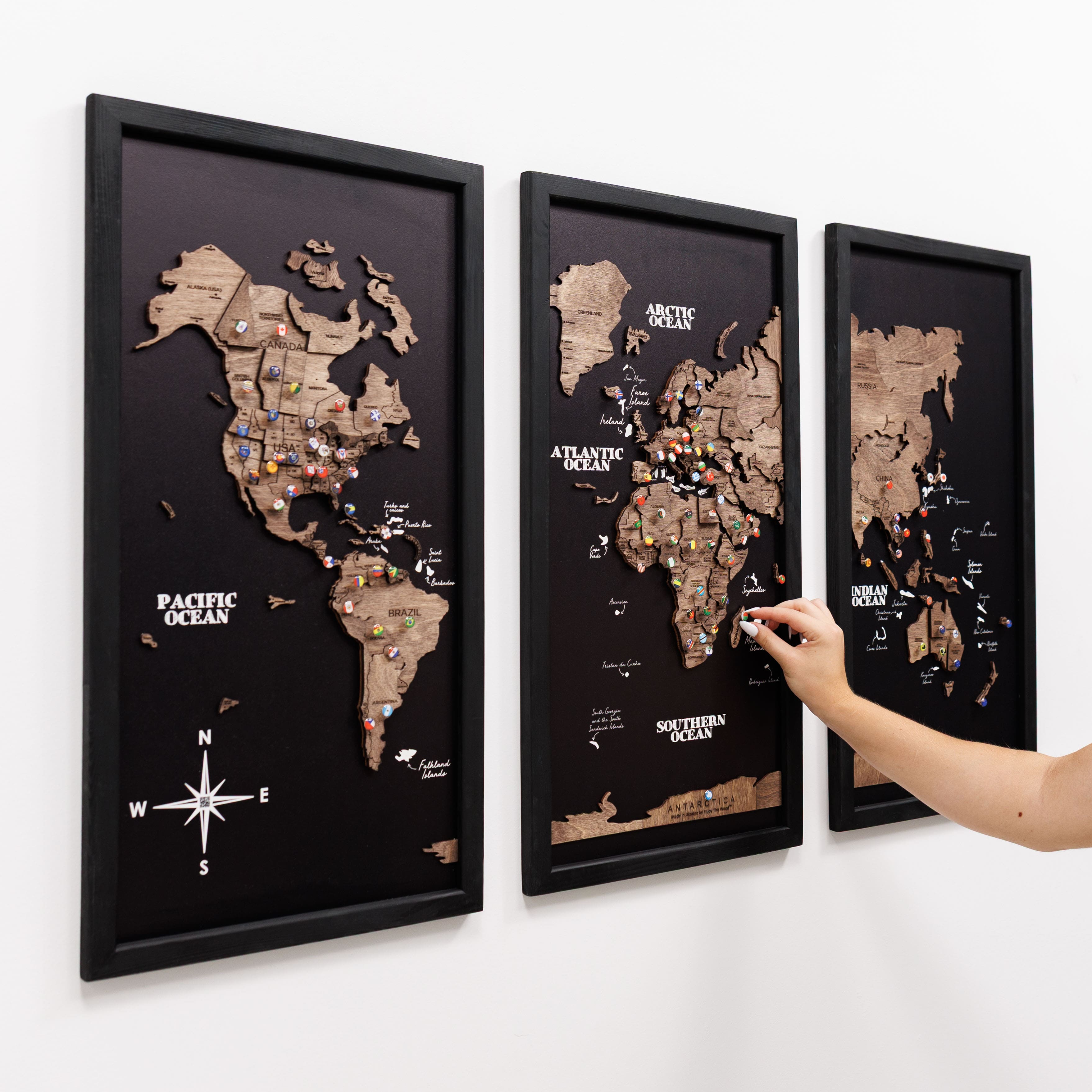 Triptych Wooden World Map (Dark Walnut)
