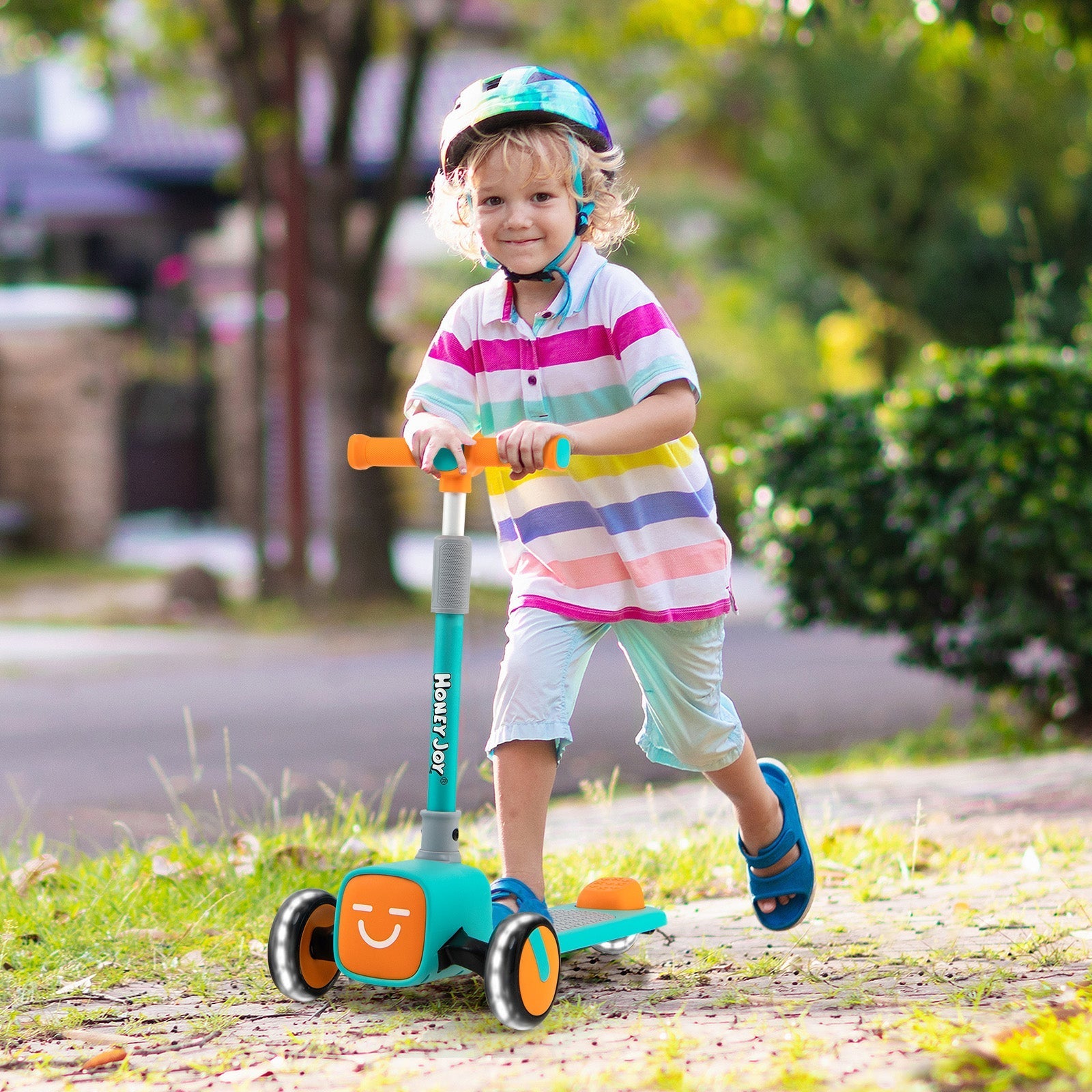 Folding Adjustable Kids Toy Scooter with LED Flashing Wheels Horn 4 Emoji Covers