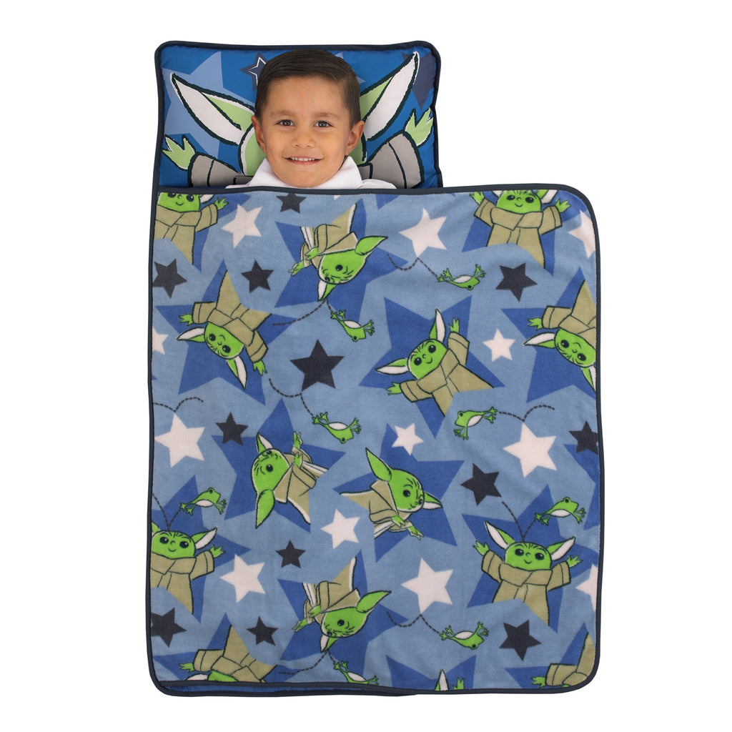 The Child Cutest in the Galaxy Blue, Green and Gray Grogu, Hover Pod, and Stars Toddler Nap Mat