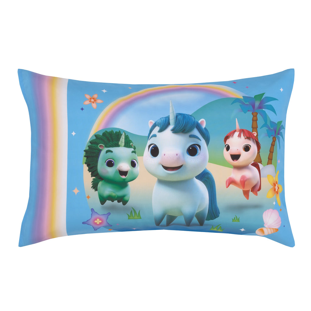 Not Quiet Narwhal Make A Splash Blue and Lavender, Unicorn Kelp, and Friends 4 Piece Toddler Bed Set - Comforter, Fitted Bottom Sheet, Flat Top Sheet, and Reversible Pillowcase