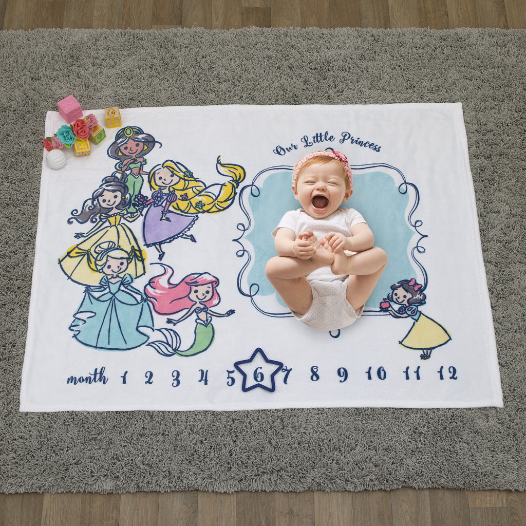 Disney Princess White, Pink, Yellow and Aqua Super Soft Milestone Baby Blanket