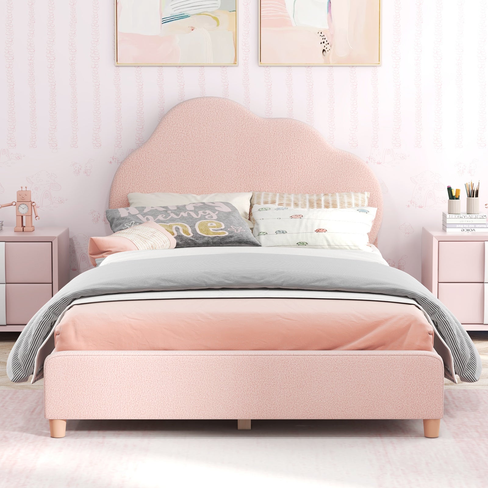 Twin Bed Frame with Height-Adjustable Headboard and Sturdy Wooden Slats