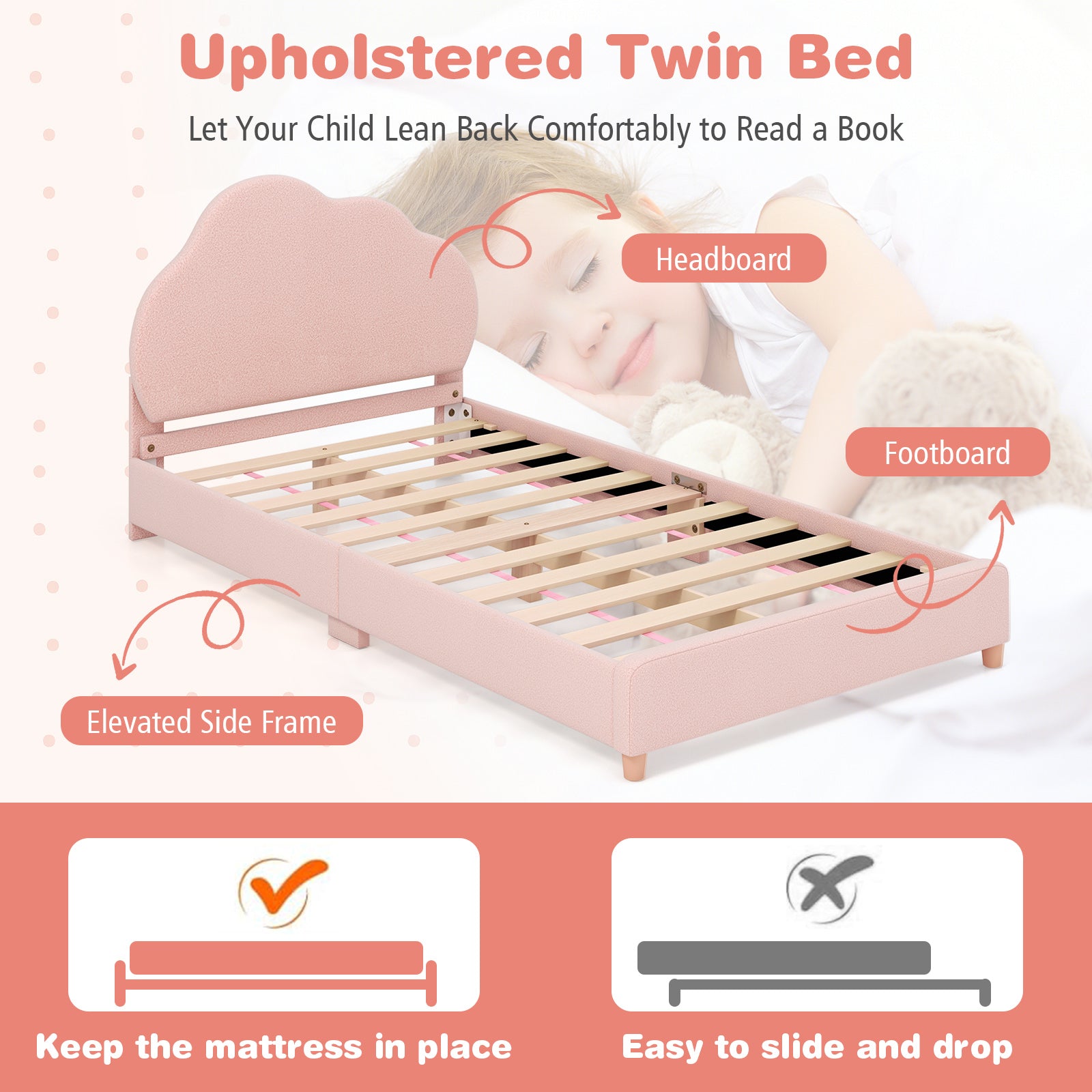 Twin Bed Frame with Height-Adjustable Headboard and Sturdy Wooden Slats