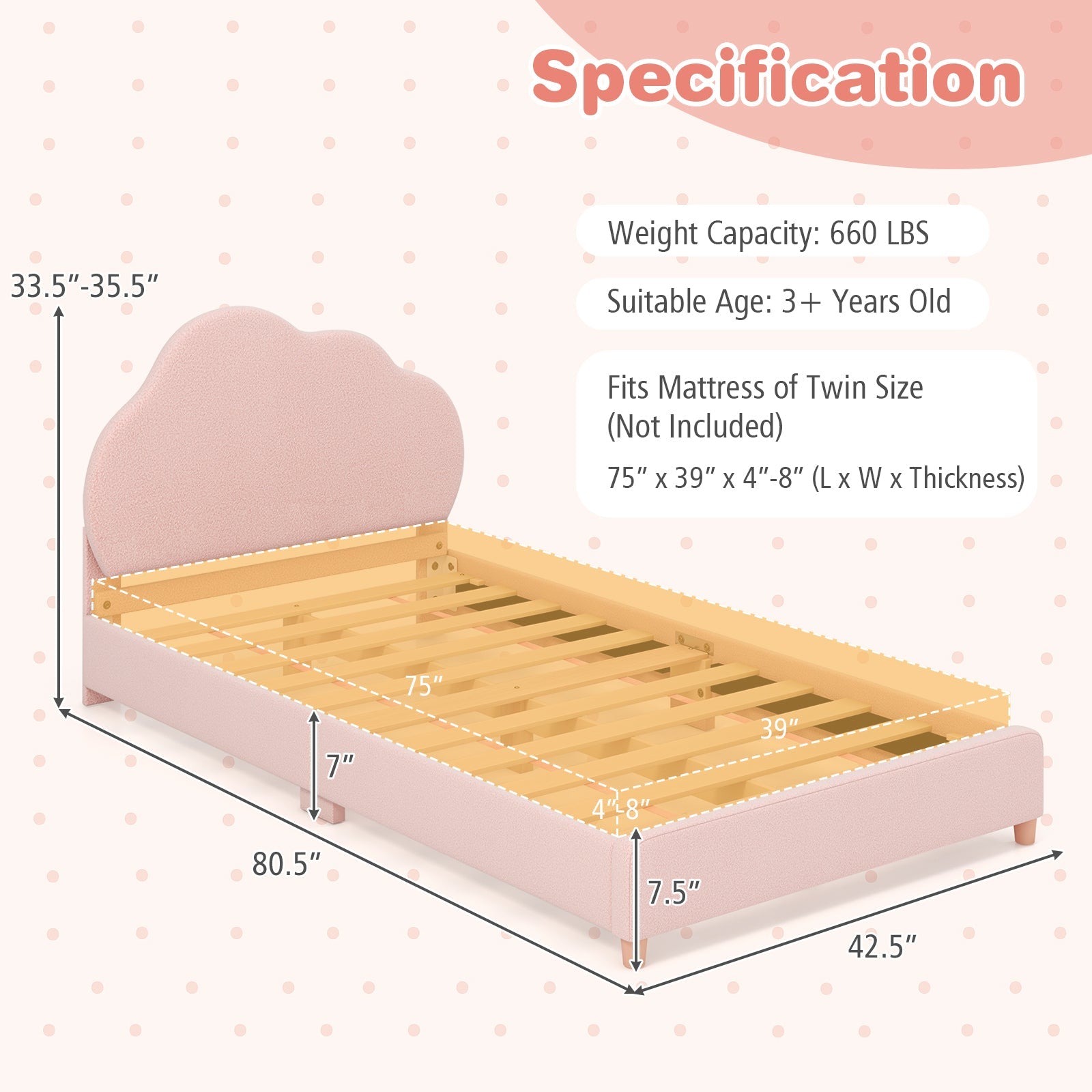 Twin Bed Frame with Height-Adjustable Headboard and Sturdy Wooden Slats