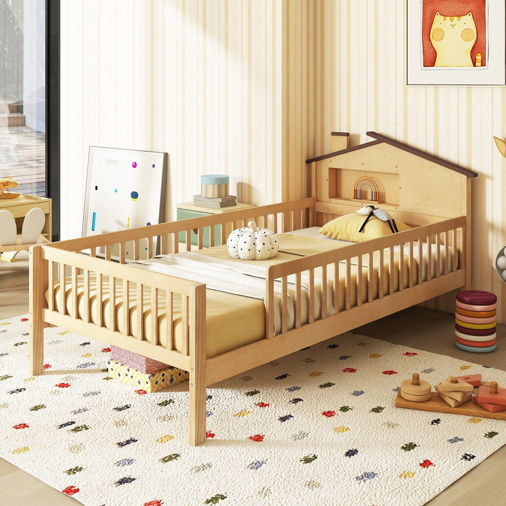 Twin Size Kids Montessori Bed with House-Shaped Headboard and Built-in Storage Shelf