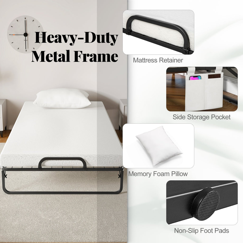 Cot Size Folding Bed with Memory Foam Mattress and Pillow