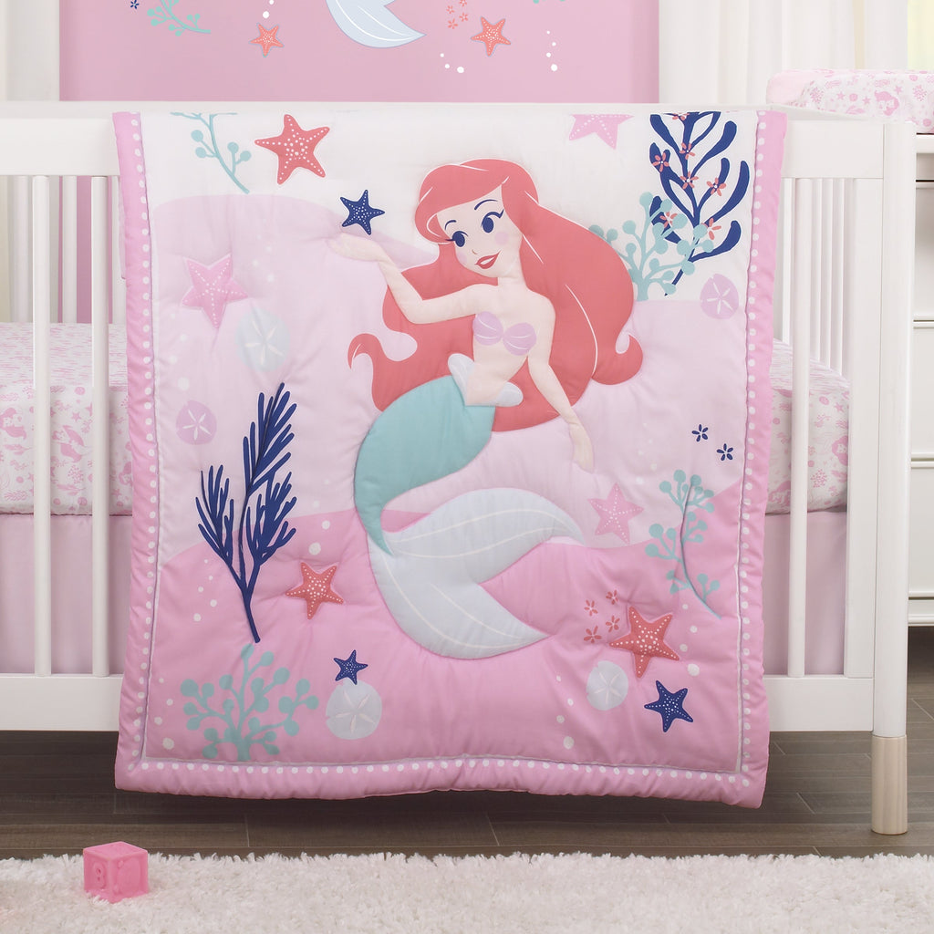 The Little Mermaid Pink, Aqua, and Coral Ariel Cute by Nature 4 Piece Nursery Crib Bedding Set - Comforter, Fitted Crib Sheet, Changing Pad Cover, and Crib Skirt