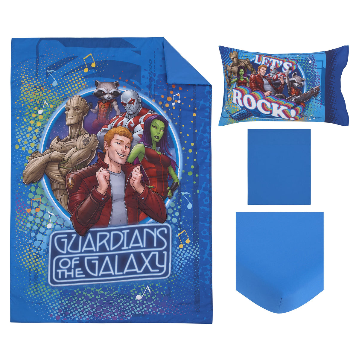Guardians of the Galaxy Blue Let's Rock 4 Piece Toddler Bed Set - Comforter, Fitted Bottom Sheet, Flat Top Sheet, and Reversible Pillowcase