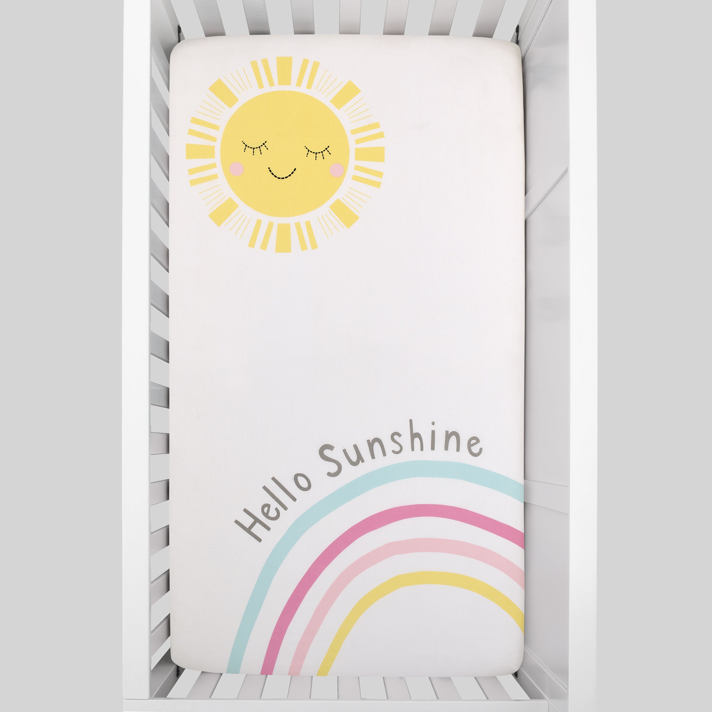 Happy Days Pink, Yellow, Blue and White, Rainbows and Hello Sunshine 100% Cotton Photo Op Nursery Fitted Crib Sheet
