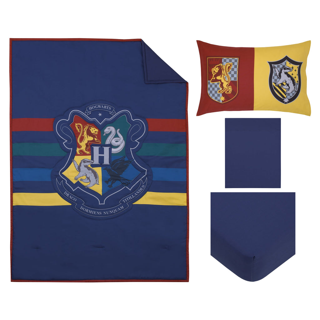 Harry Potter Wizarding World Navy, Gold, and Burgundy 4 Piece Toddler Bed Set - Comforter, Fitted Bottom Sheet, Flat Top Sheet, and Reversible Pillowcase