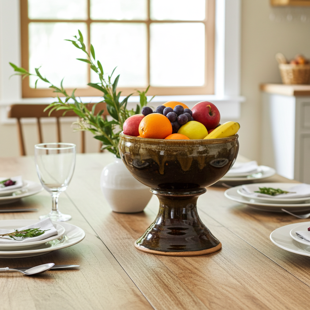 Handcrafted Stoneware Pedestal Bowl – Mid‑Century Glazed Accent