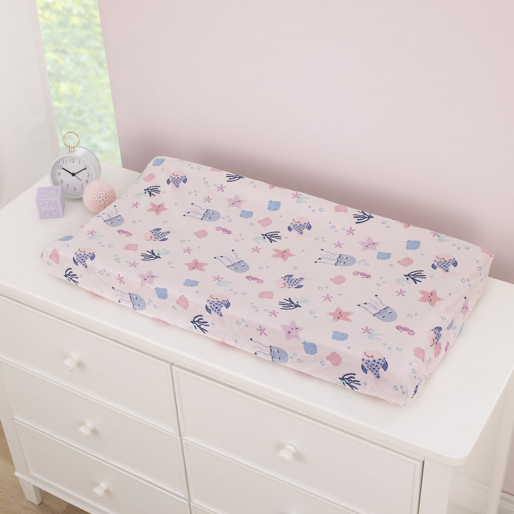 Mermaid Lagoon Pink, and Blue Sea Friends Super Soft Contoured Changing Pad Cover