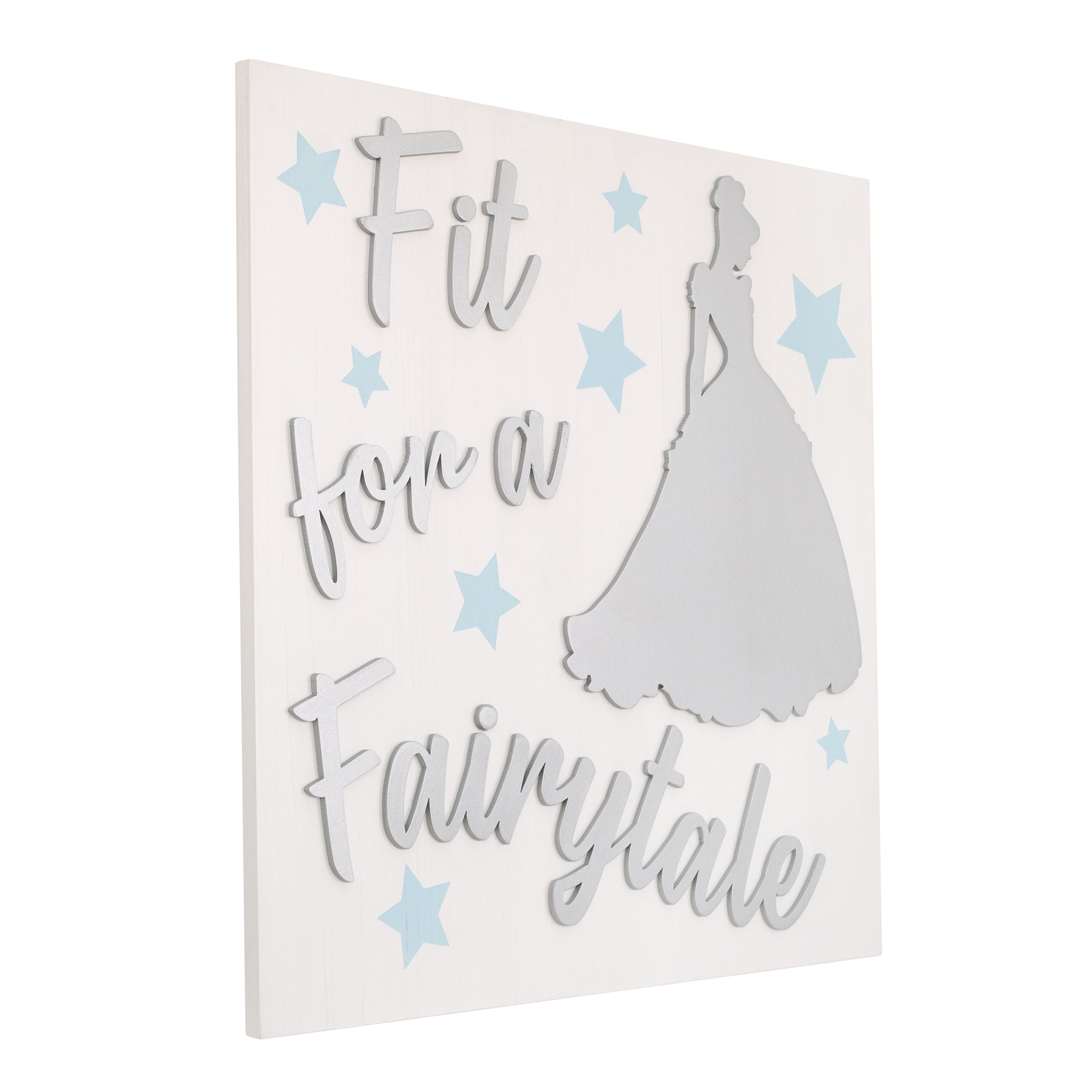 Princess "Fit For a Fairytale" White Wood, Light Blue and Metallic Silver Cinderella Wall Decor