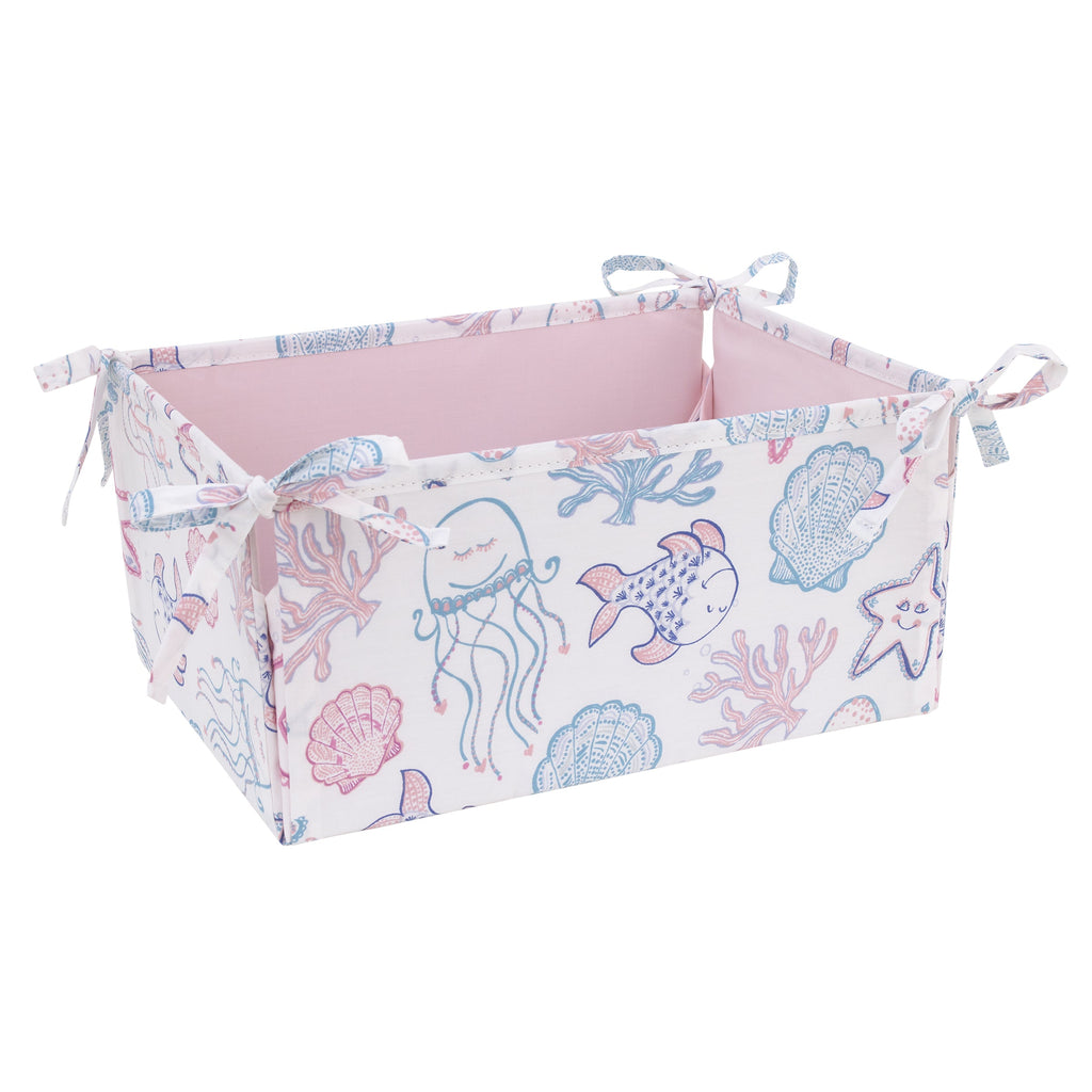 Mermaid Lagoon Pink, Blue and White Undersea Friends, Fish, Coral, Jellyfish and Starfish 4 Piece Nursery Crib Bedding Set - Comforter, 100% Cotton Fitted Crib Sheet, Crib Skirt, and Storage Caddy