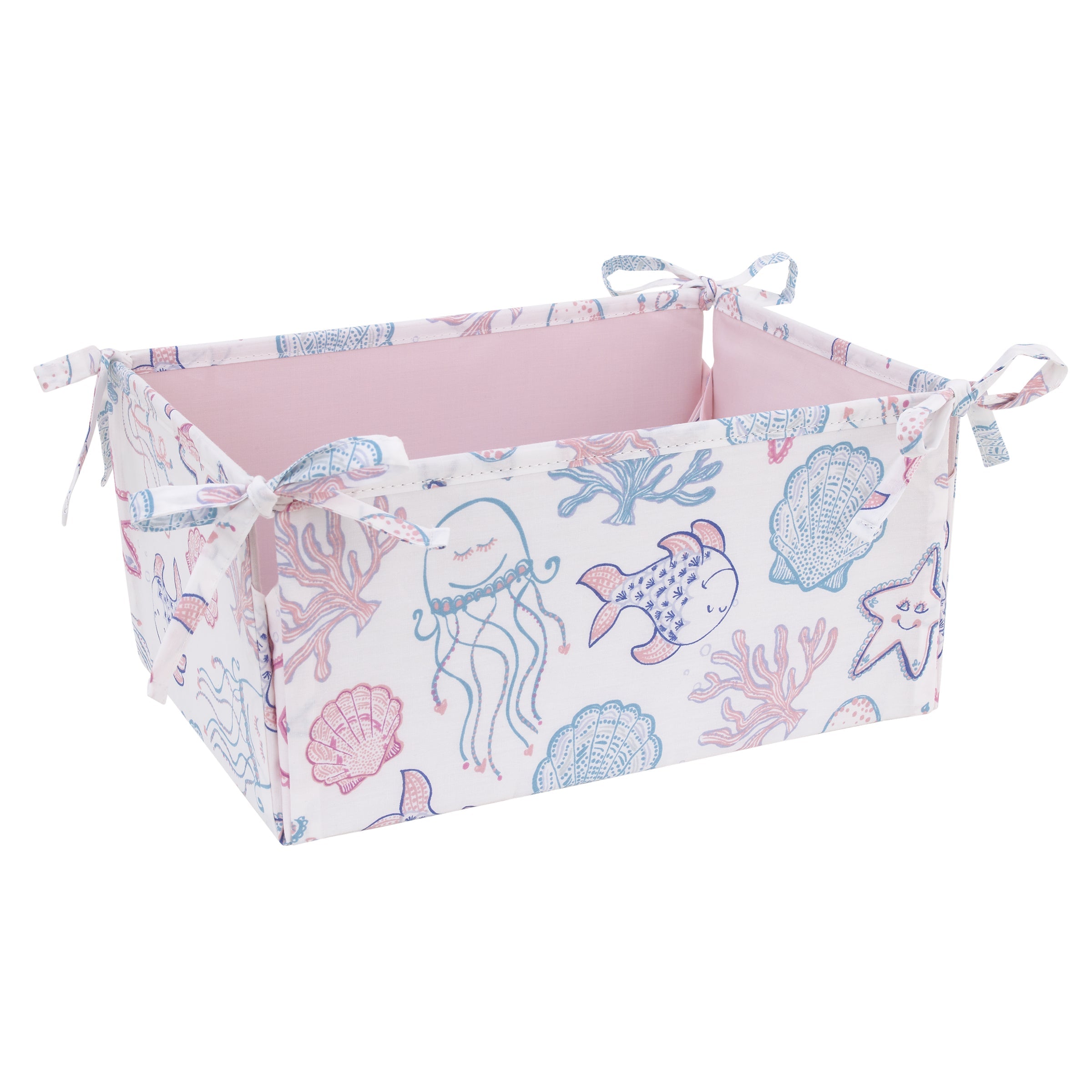 Mermaid Lagoon Pink, Blue and White Undersea Friends, Fish, Coral, Jellyfish and Starfish 4 Piece Nursery Crib Bedding Set - Comforter, 100% Cotton Fitted Crib Sheet, Crib Skirt, and Storage Caddy
