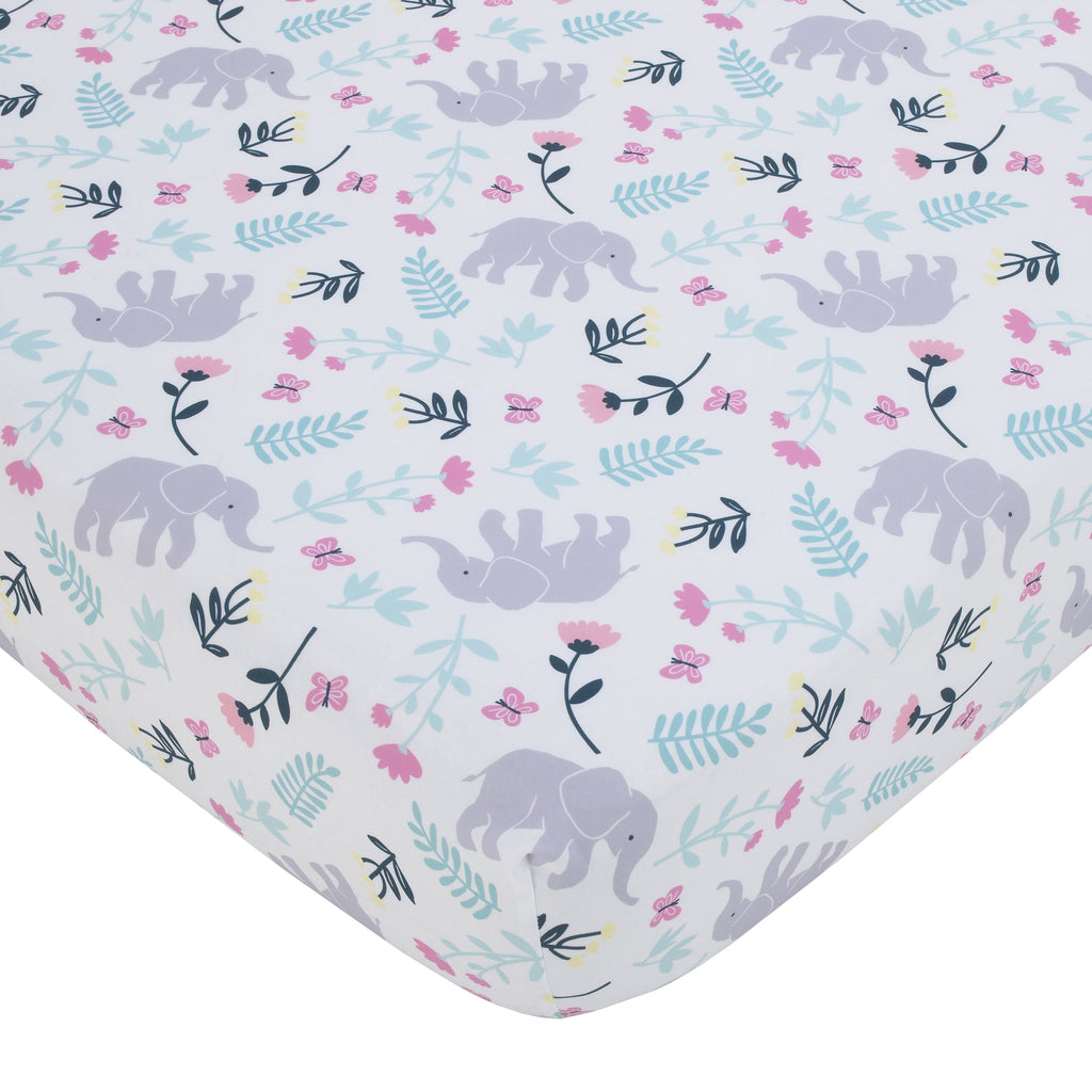 Floral Elephant White Multi Colored Super Soft Fitted Crib Sheet