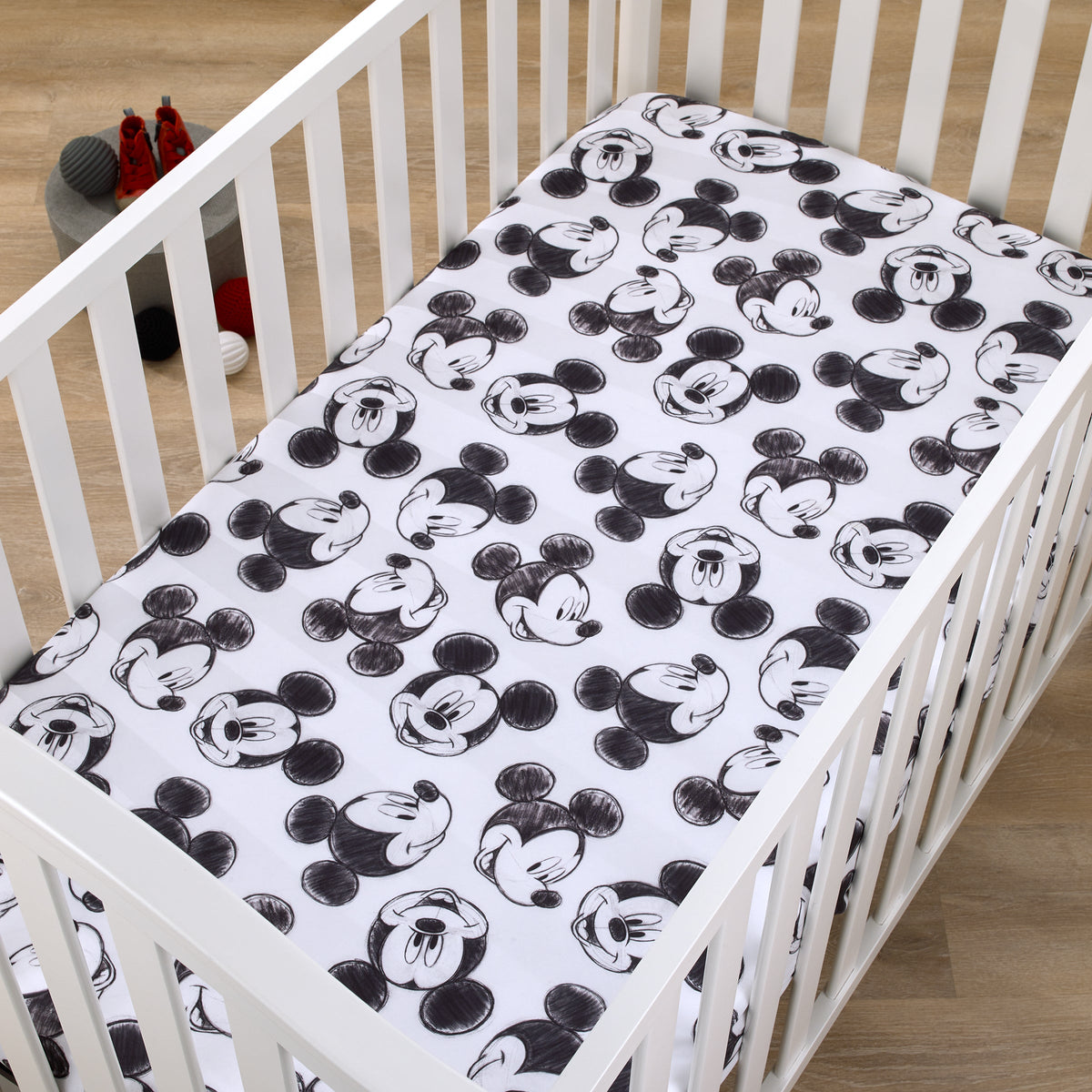 Mickey Mouse - Charcoal Black and White Smiling Mickey Mouse Nursery Fitted Crib Sheet