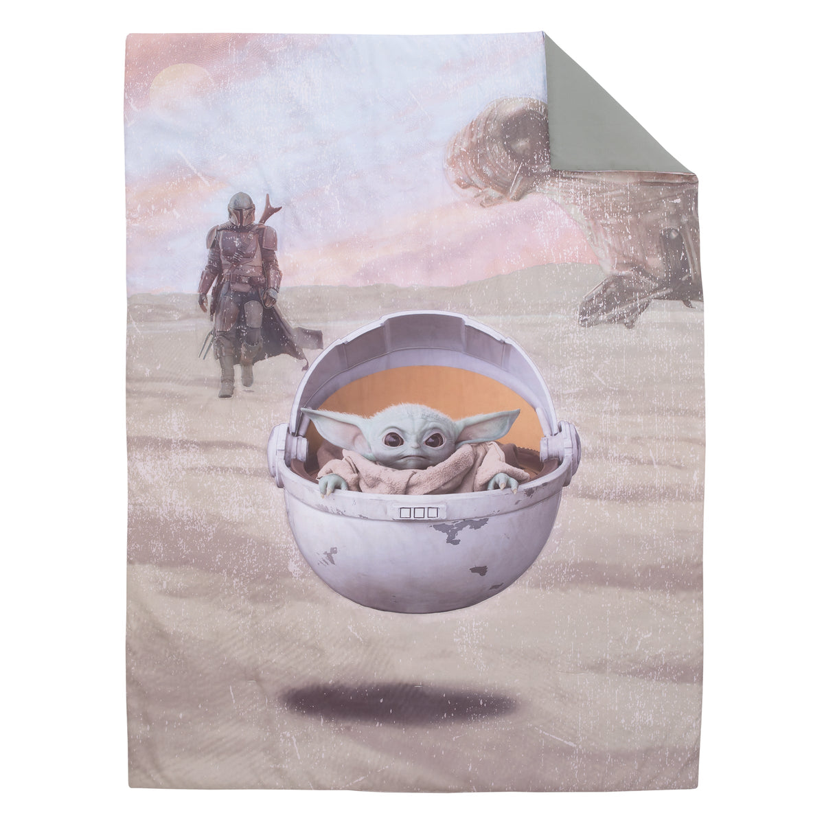 The Mandalorian "The Child" Green, Tan, White 4 Piece Toddler Bed Set - Comforter, Fitted Bottom Sheet, Flat Top Sheet, Reversible Pillowcase