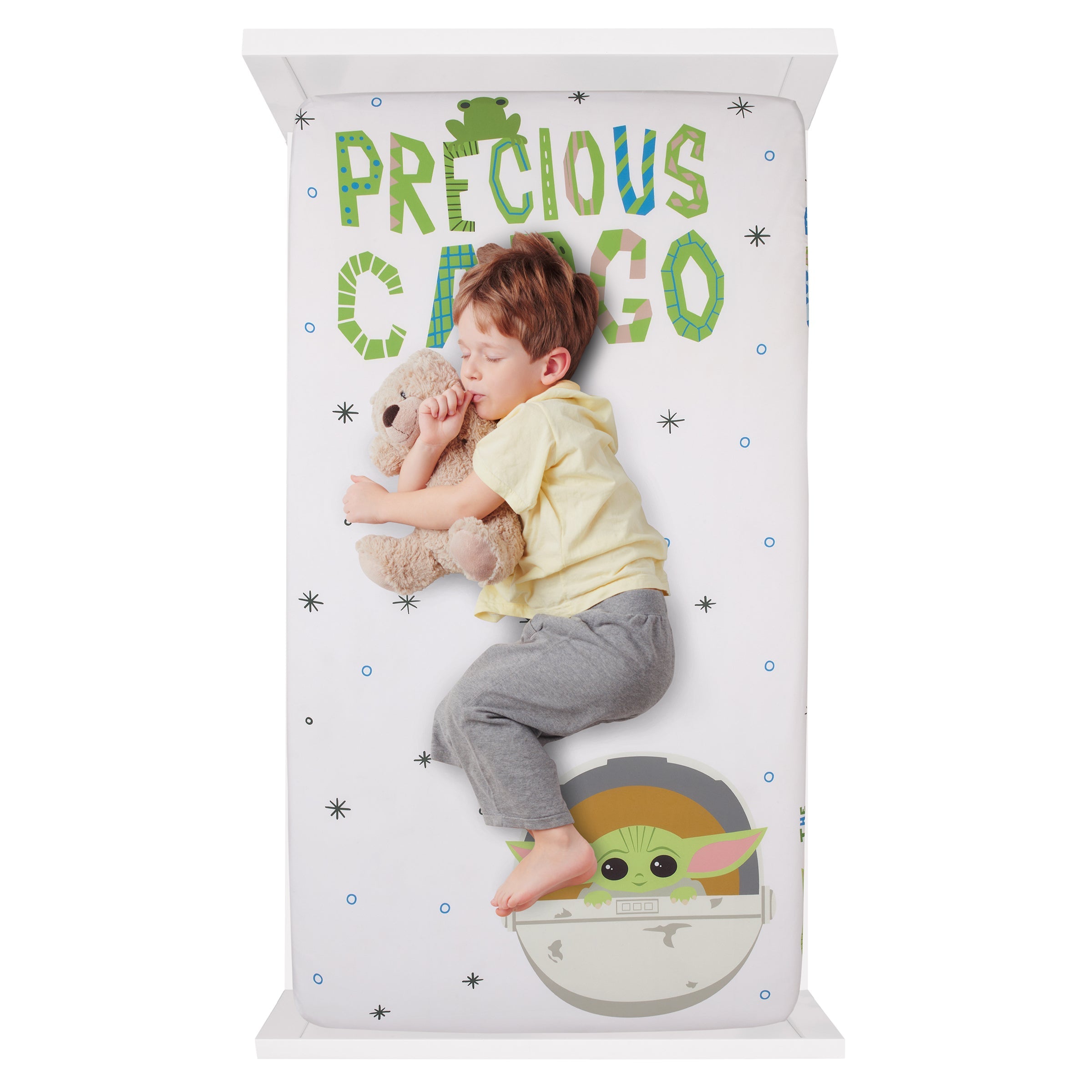 The Mandalorian Grogu, White, Green, and Blue Precious Cargo Photo Op Nursery Fitted Crib Sheet