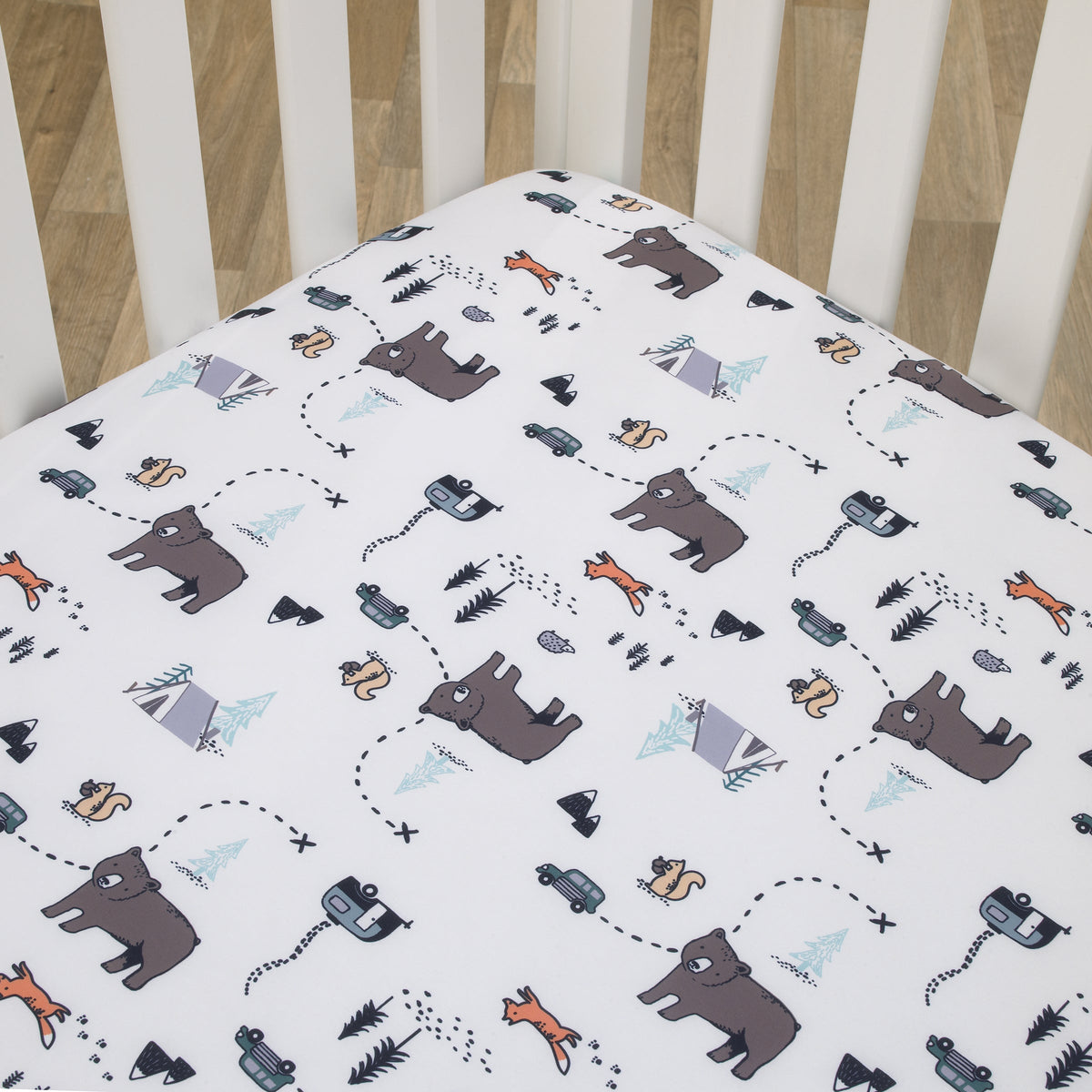 Woodland Friends White and Multi Colored Bear, Fox, Squirrel, Tree, and Camper Fitted Crib Sheet