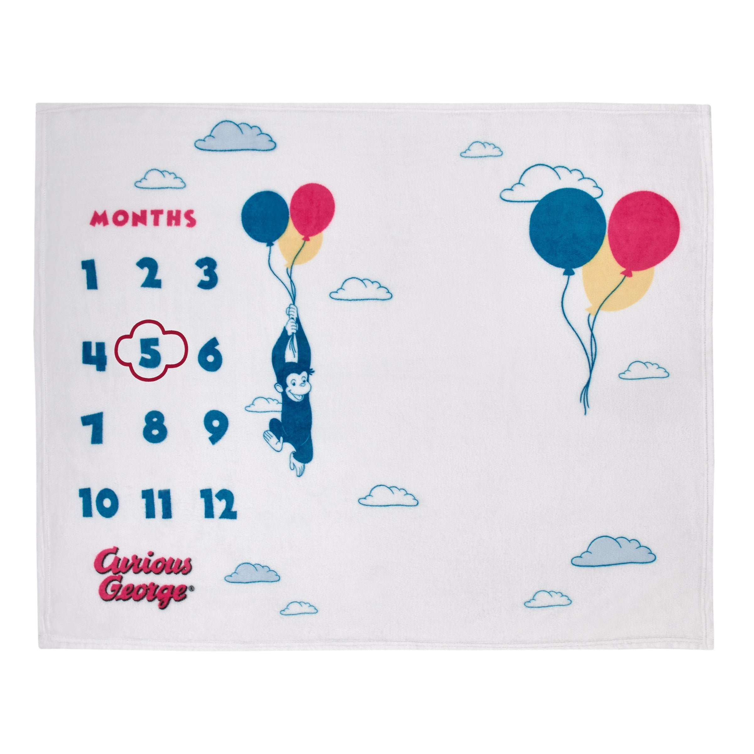 Curious George White, Blue, Red, and Yellow Balloons and Clouds Super Soft Milestone Baby Blanket