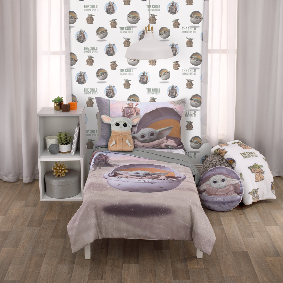 The Mandalorian "The Child" Green, Tan, White 4 Piece Toddler Bed Set - Comforter, Fitted Bottom Sheet, Flat Top Sheet, Reversible Pillowcase
