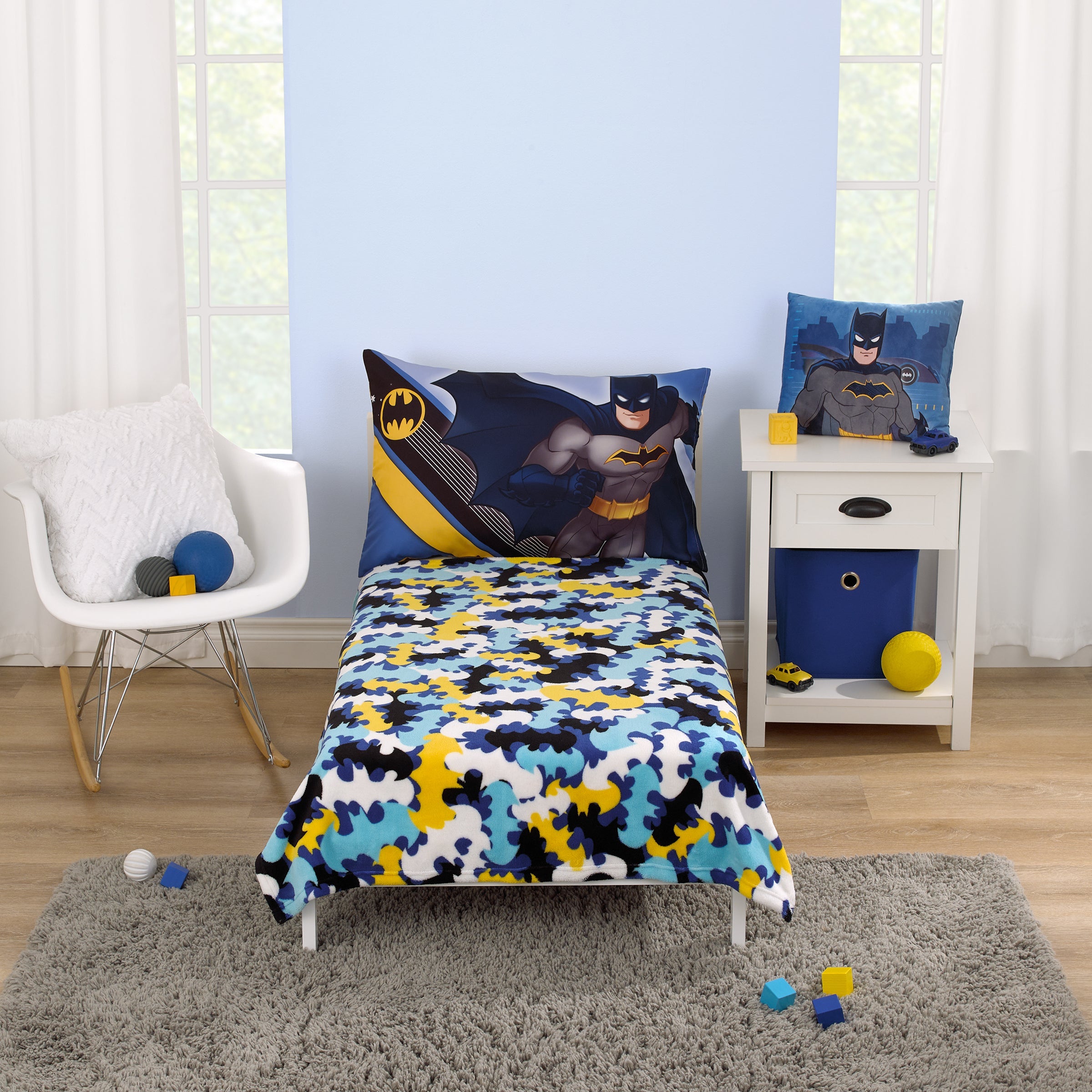 Batman The Caped Crusader Light Blue, Navy, Yellow and White Bat-Signal Super Soft Toddler Blanket