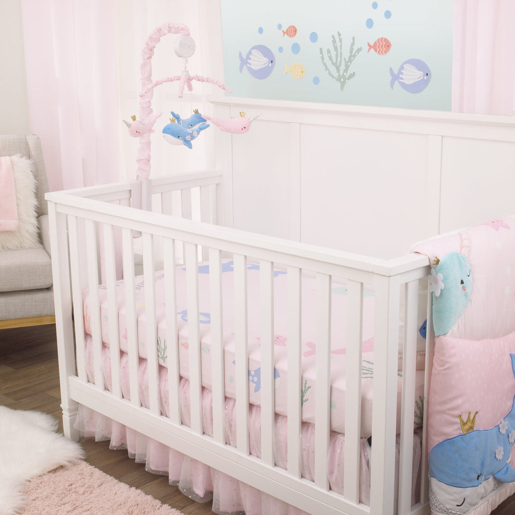 Under the Sea Whimsy Pink and Blue Whales and Narwhals 100% Cotton Photo Op Fitted Crib Sheet