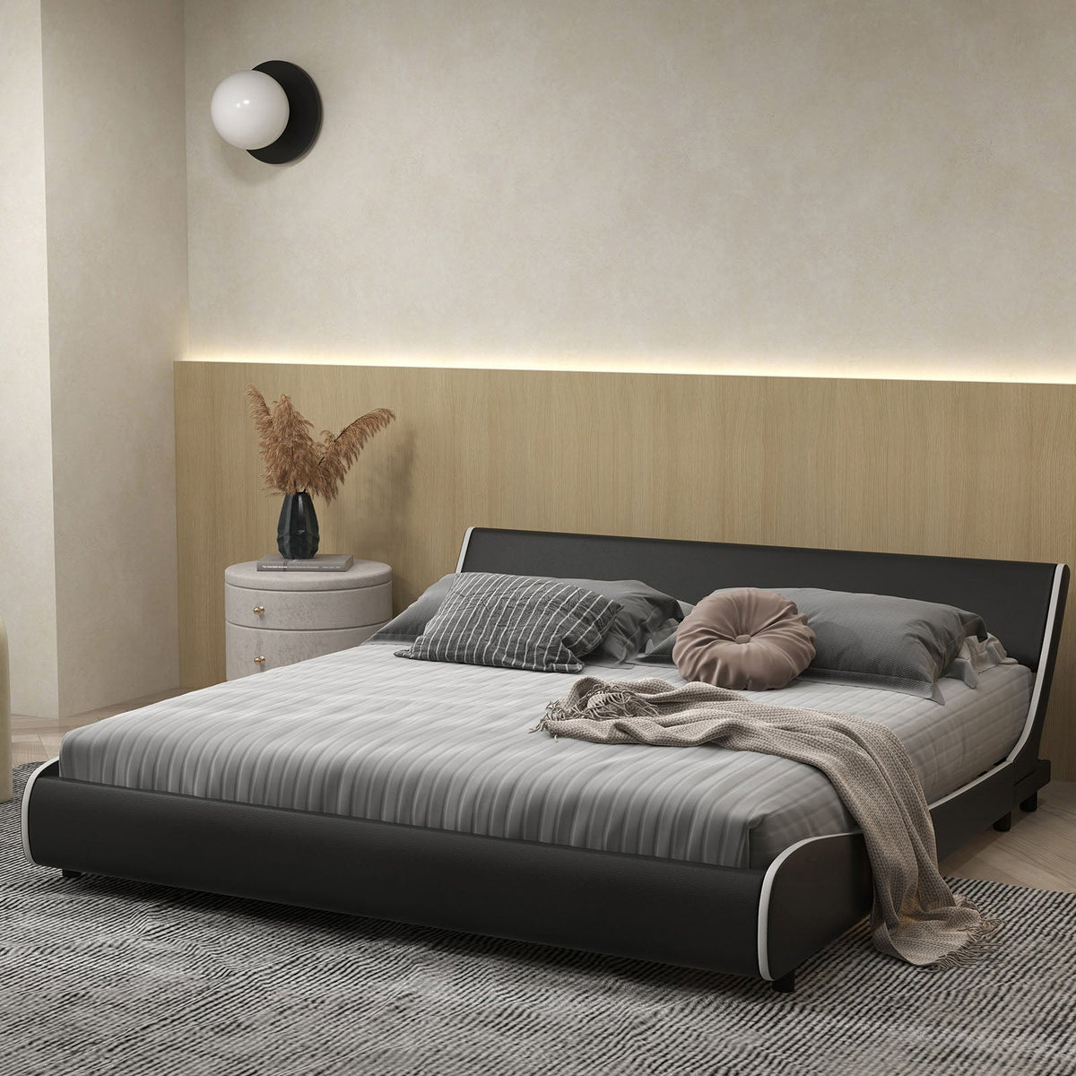 Upholstered Platform Bed Frame Low Profile Faux Leather with Curved Headboard