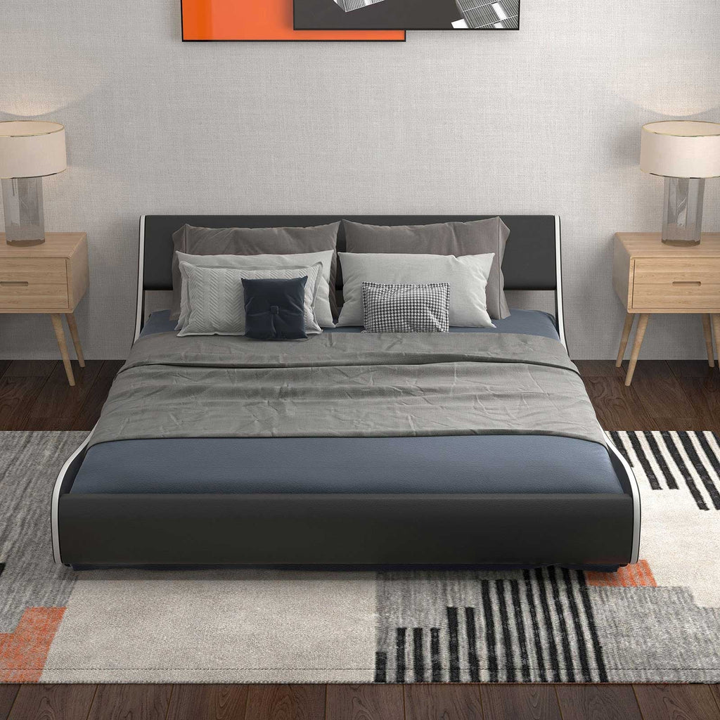 Upholstered Platform Bed Frame Low Profile Faux Leather with Curved Headboard