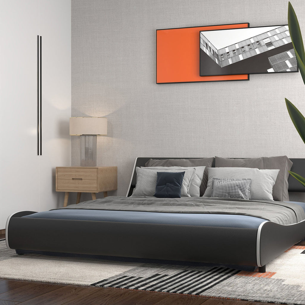 Upholstered Platform Bed Frame Low Profile Faux Leather with Curved Headboard