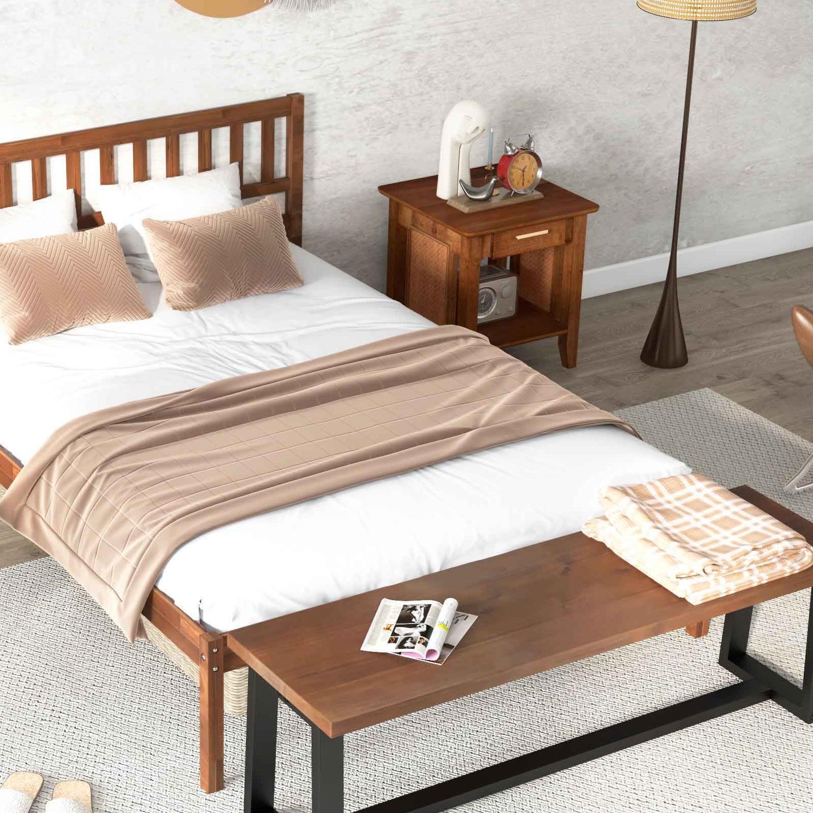 3-Piece Bedroom Bundle: Twin Size Wood Bed Frame + Dining Bench 2/3 Person Entryway Shoe Bench + Rattan Nightstand End Table