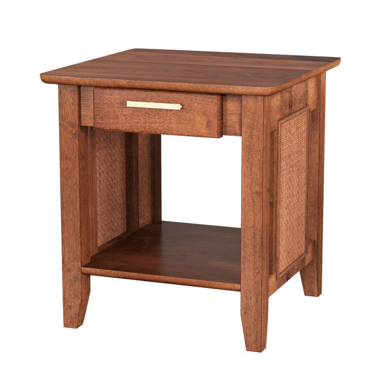 3-Piece Bedroom Bundle: Twin Size Wood Bed Frame + Dining Bench 2/3 Person Entryway Shoe Bench + Rattan Nightstand End Table
