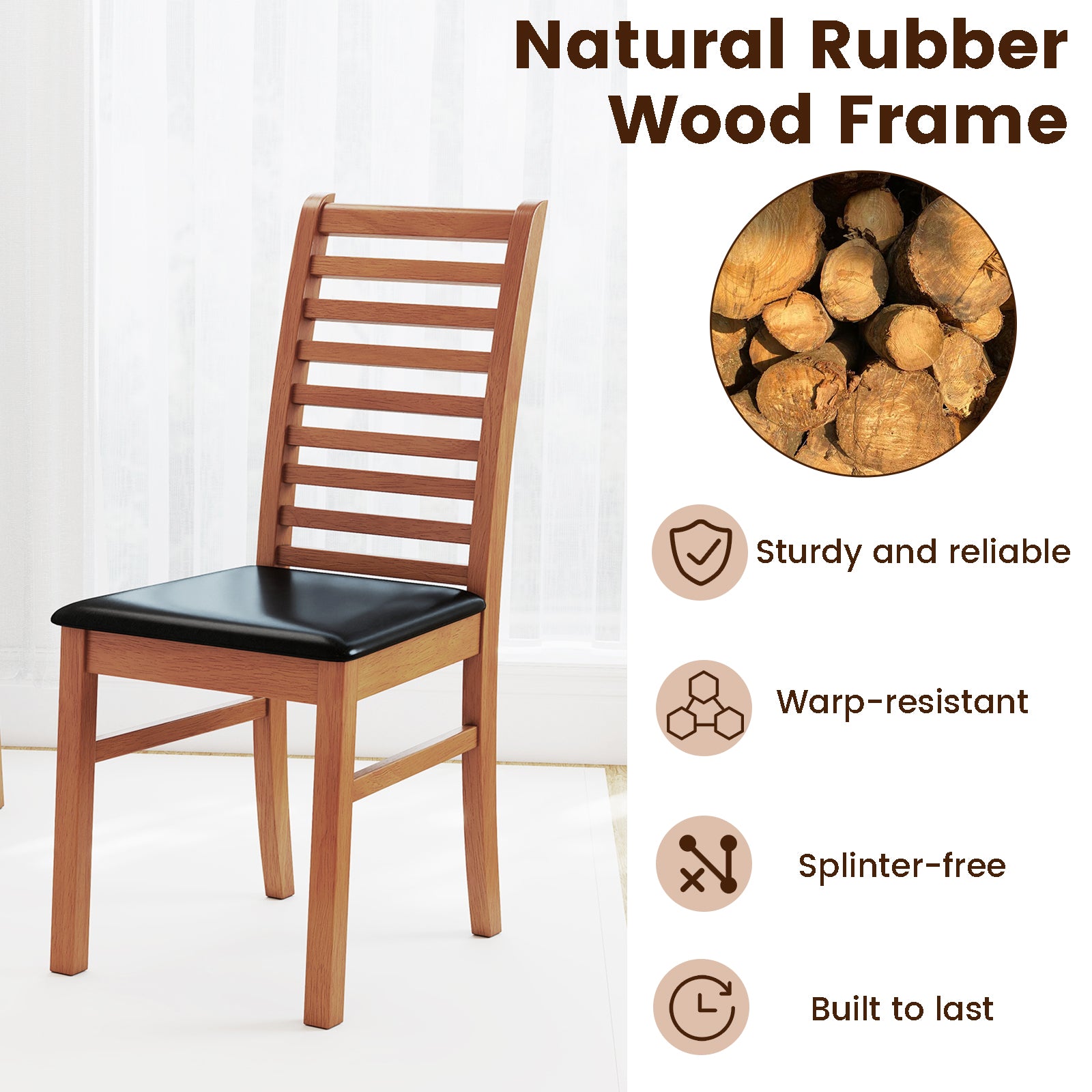 Set of 2 Wooden Dining Chair with Rubber Wood Legs for Living Room