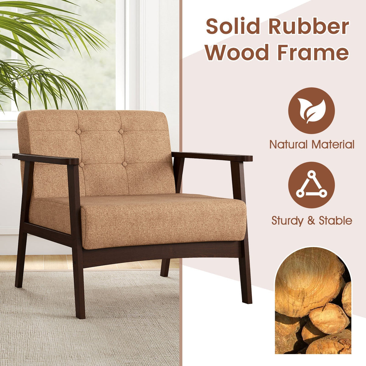 Rubber Wood Frame Accent Chair with Armrest for Living Room