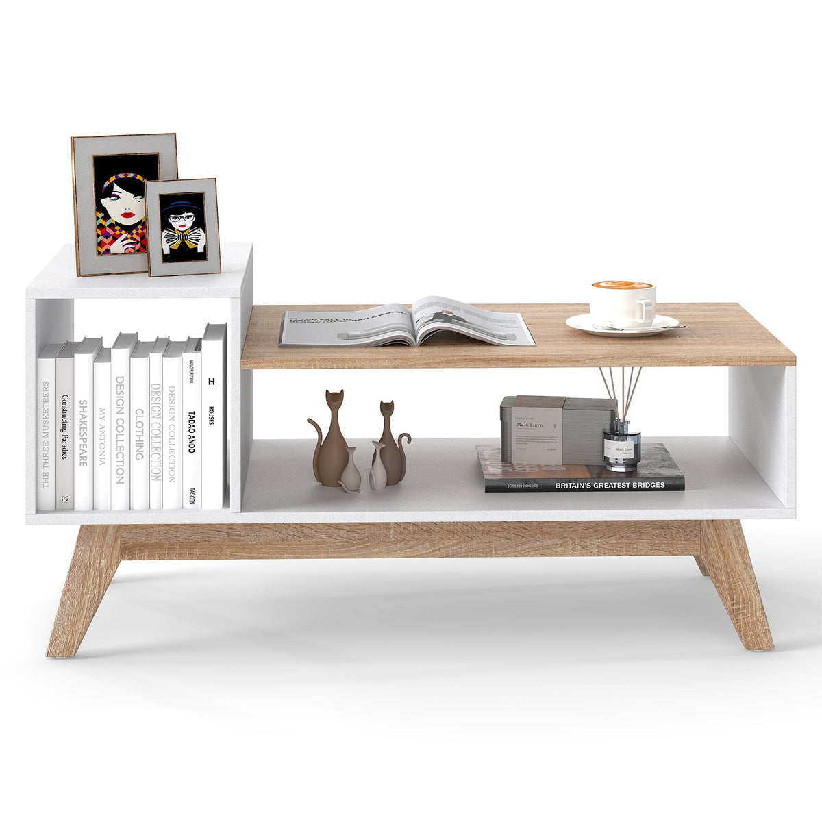 43 Inch Coffee Table with Stepped Tabletop and Storage Compartments-White
