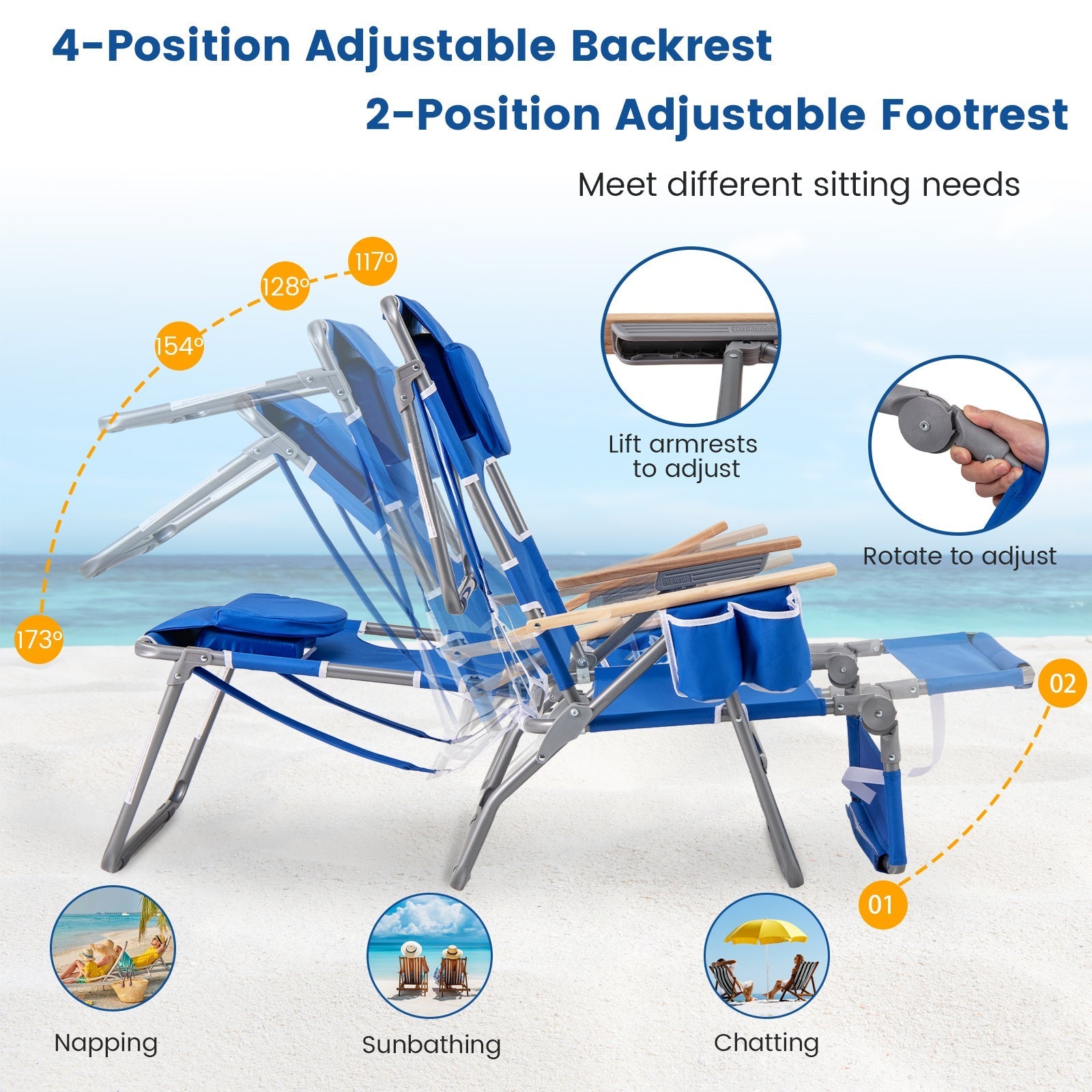 3-IN-1 Foldable Beach Chair with Footrest and Adjustable Backrest