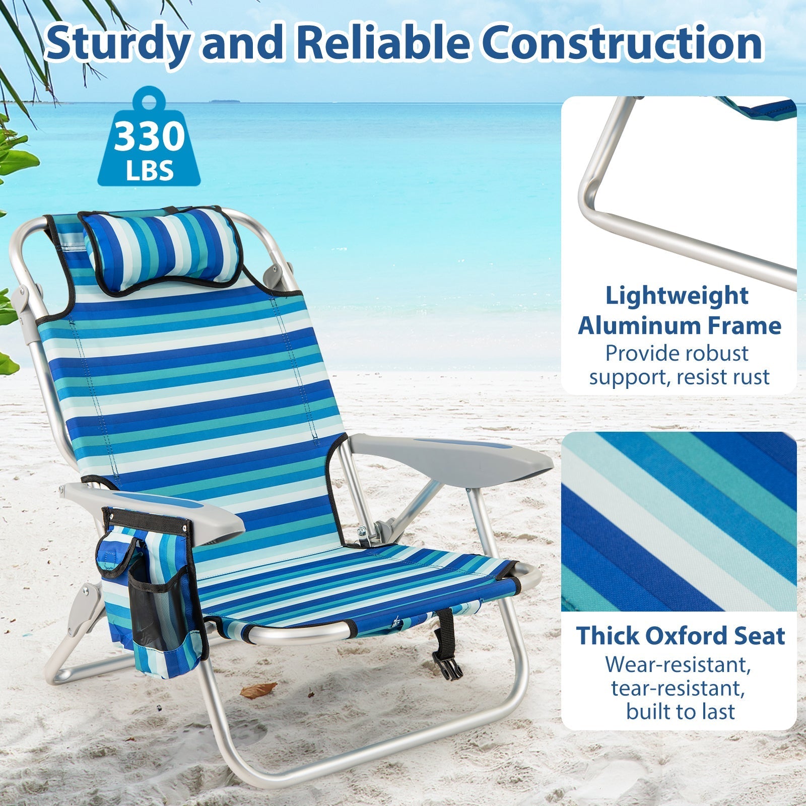 Folding Beach Chair with 4-Position Adjustable Backrest