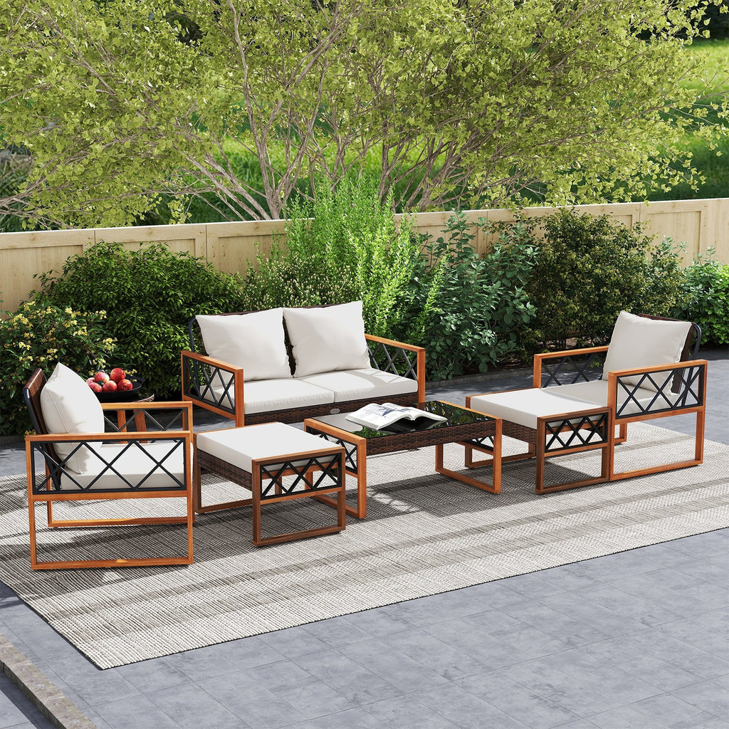 7 Pieces Patio Furniture Set PE Wicker Acacia Wood Outdoor Conversation Set